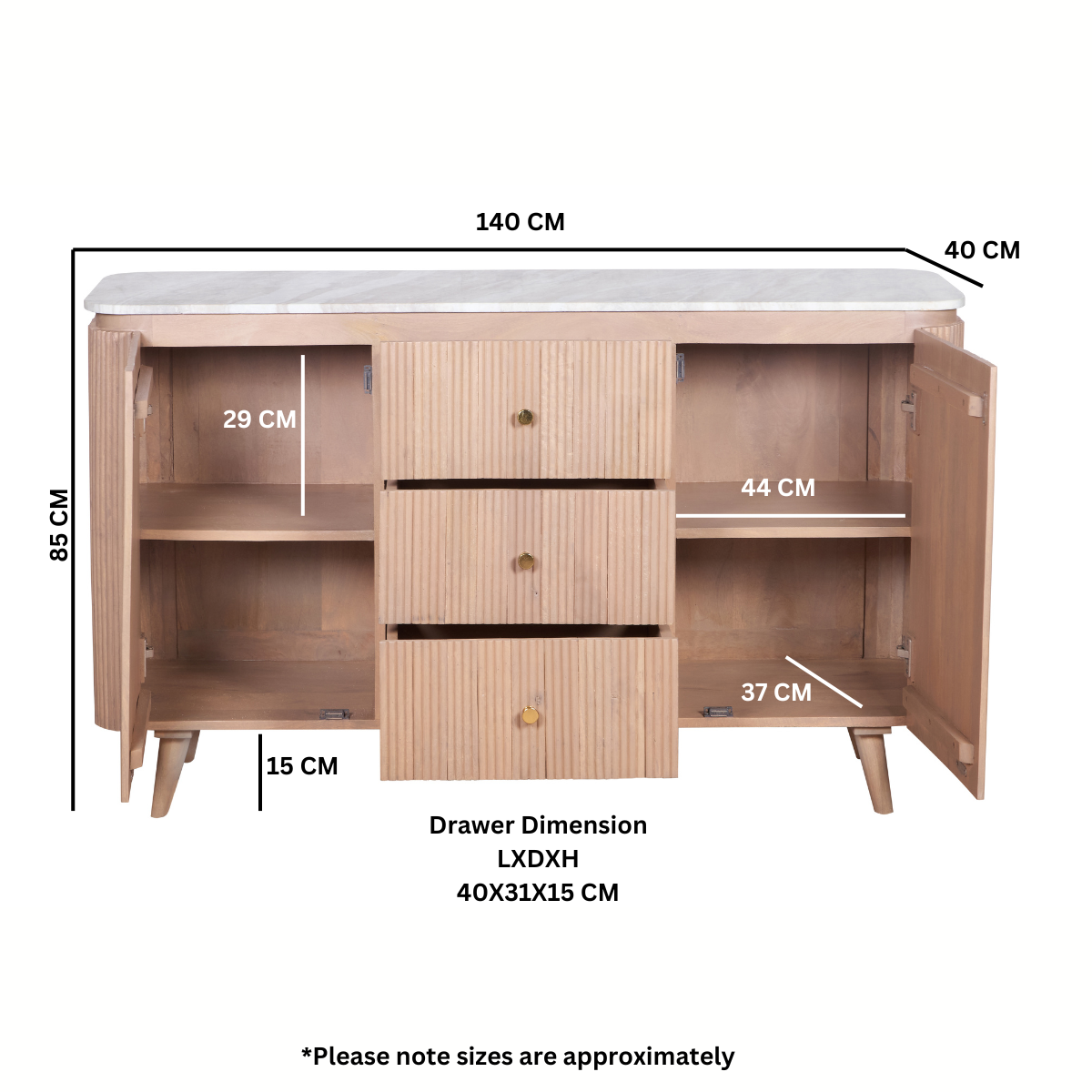 Luxury marble top sideboard in pale taupe mango wood with ribbed detailing and gold knobs, styled in a modern interior with neutral wall panelling and minimalist decor.