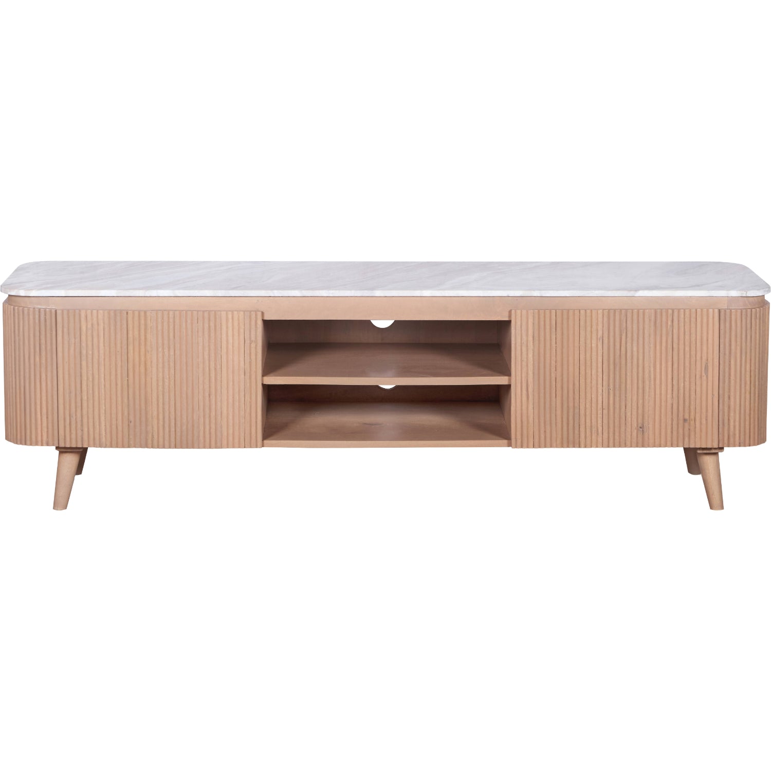 Ashford large TV cabinet with natural marble top and ribbed pale taupe mango wood body, featuring gold accents and modern storage layout in a minimalist living room.