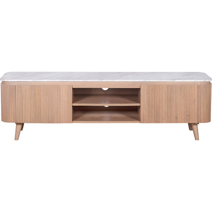 Ashford large TV cabinet with natural marble top and ribbed pale taupe mango wood body, featuring gold accents and modern storage layout in a minimalist living room.