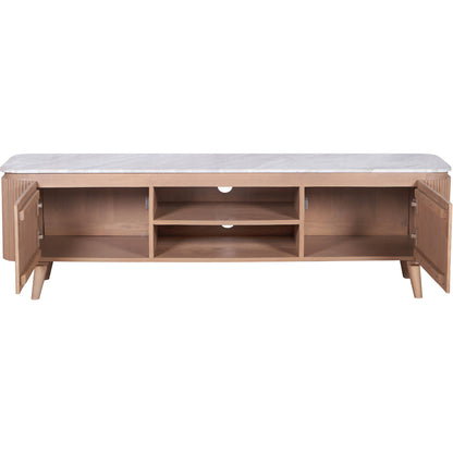 Ashford large TV cabinet with natural marble top and ribbed pale taupe mango wood body, featuring gold accents and modern storage layout in a minimalist living room.