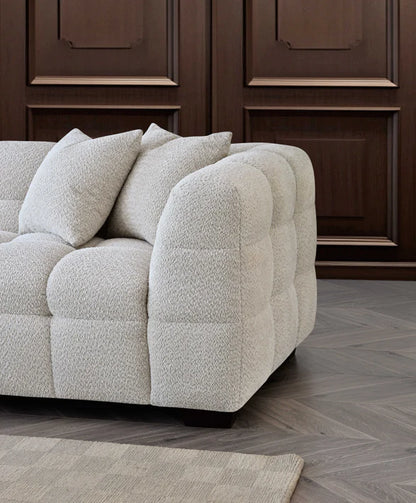 Aluxo Tribeca Left Hand Corner Sofa – Oatmeal Bouclé Fabric | Modern Chesterfield Style