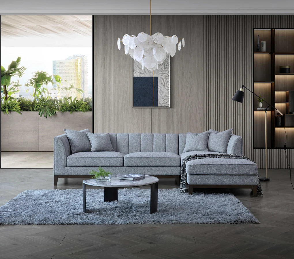 Aluxo Cooper Right Hand Corner Sofa in Dolphin Bouclé with wooden plinth base, mid-century modern design, and deep cushions for stylish living room comfort