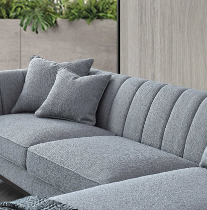 Aluxo Cooper Right Hand Corner Sofa in Dolphin Bouclé with wooden plinth base, mid-century modern design, and deep cushions for stylish living room comfort