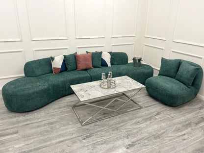 Miami Curved Cinema Sofa in Bouclé with sculptural curved design, soft fabric upholstery, deep seats and modern silhouette, available in 6 stylish colours