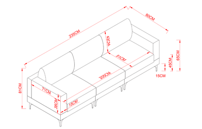 ANEK 3 Seater Sofa – Grey Fabric & Black Metal Legs