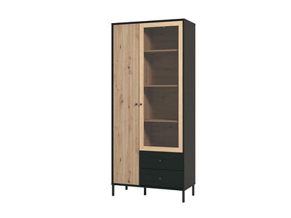 Modern black and oak-effect storage unit with slatted detailing