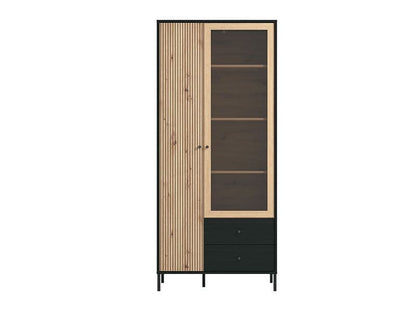 Modern black and oak-effect storage unit with slatted detailing
