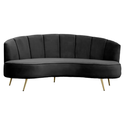 Black velvet curved sofa with pleated back and gold legs, 3 seater mid-century style