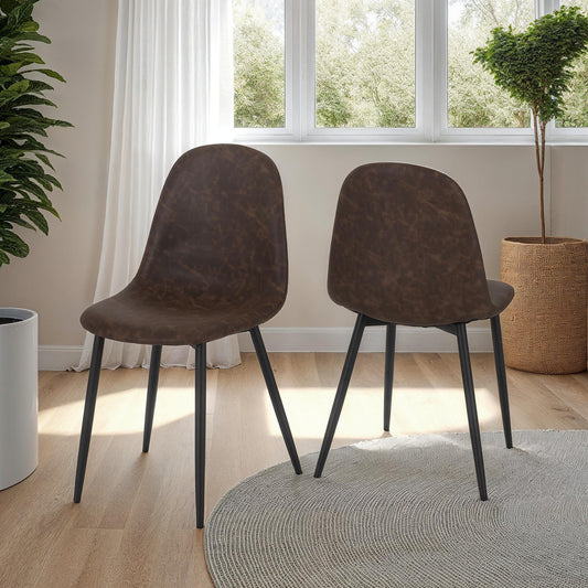 Set of 2 brown faux leather dining chairs with padded seat and black metal legs – Athens chair set