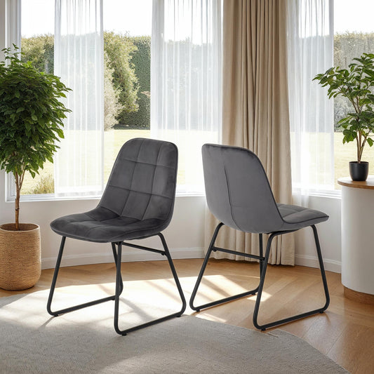 Set of 2 grey velvet dining chairs with padded seat and black metal legs – Lukas modern chair set