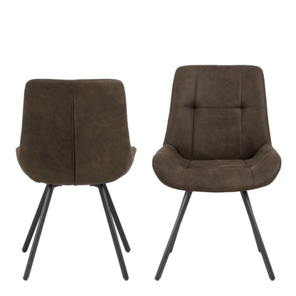 Two brown upholstered chairs with black metal legs on a white background