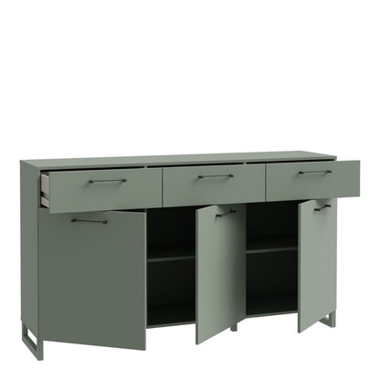 Sali sage green 3 door 3 drawer sideboard with black handles, modern soft-close storage unit for bedrooms or living rooms
