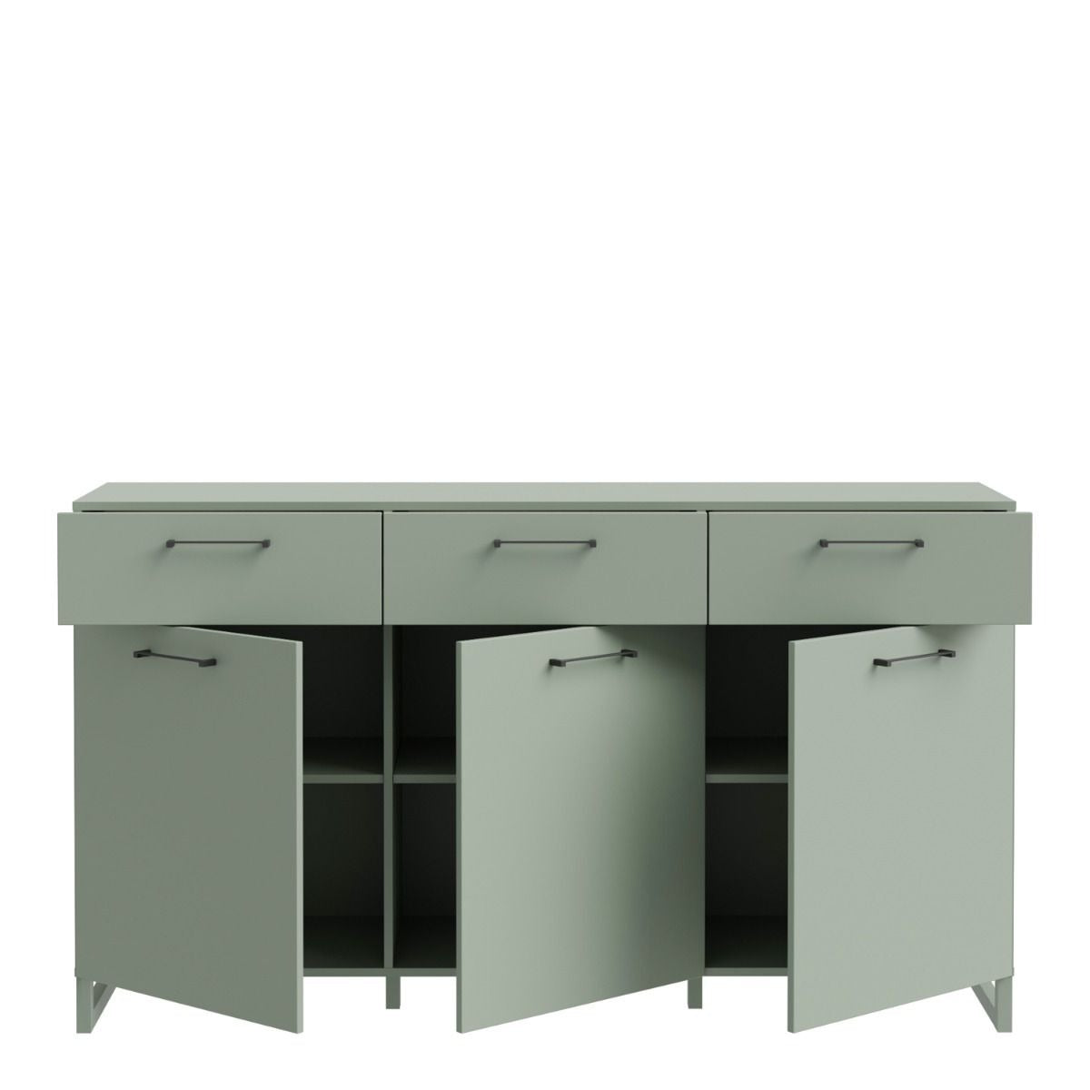 Sali sage green 3 door 3 drawer sideboard with black handles, modern soft-close storage unit for bedrooms or living rooms
