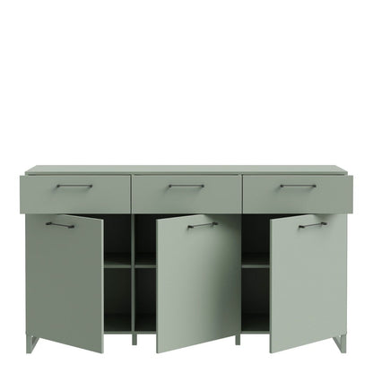 Sali sage green 3 door 3 drawer sideboard with black handles, modern soft-close storage unit for bedrooms or living rooms