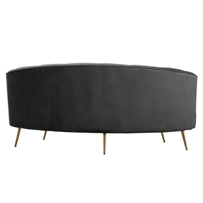 Black velvet curved sofa with pleated back and gold legs, 3 seater mid-century style