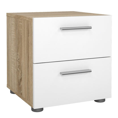 Modern white gloss and oak bedroom furniture set including wardrobe and drawers.