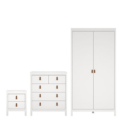 White bedroom furniture set with a wardrobe, chest of drawers, and nightstand on a white background