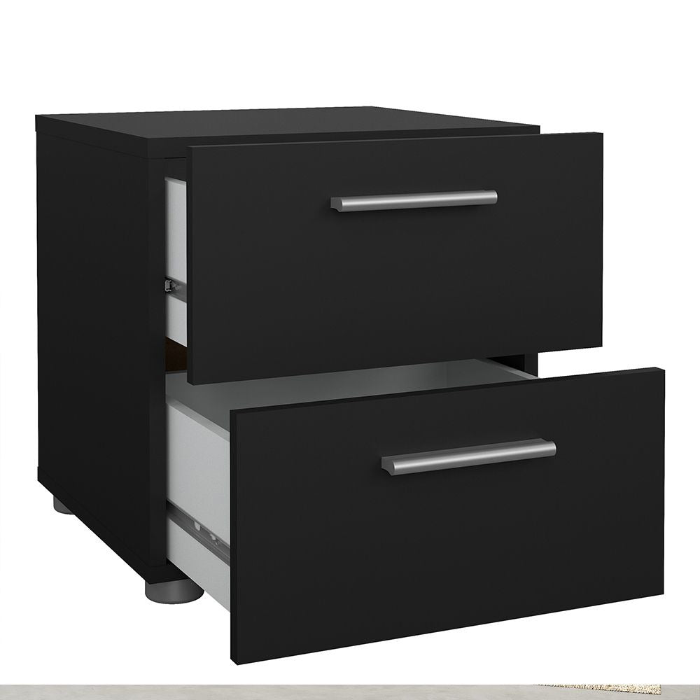 Modern oak and matt black bedroom furniture set including wardrobe and drawers.