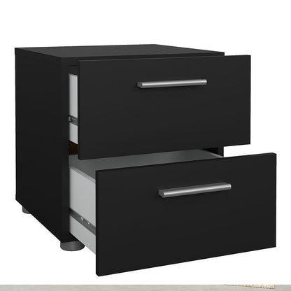 Modern oak and matt black bedroom furniture set including wardrobe and drawers.