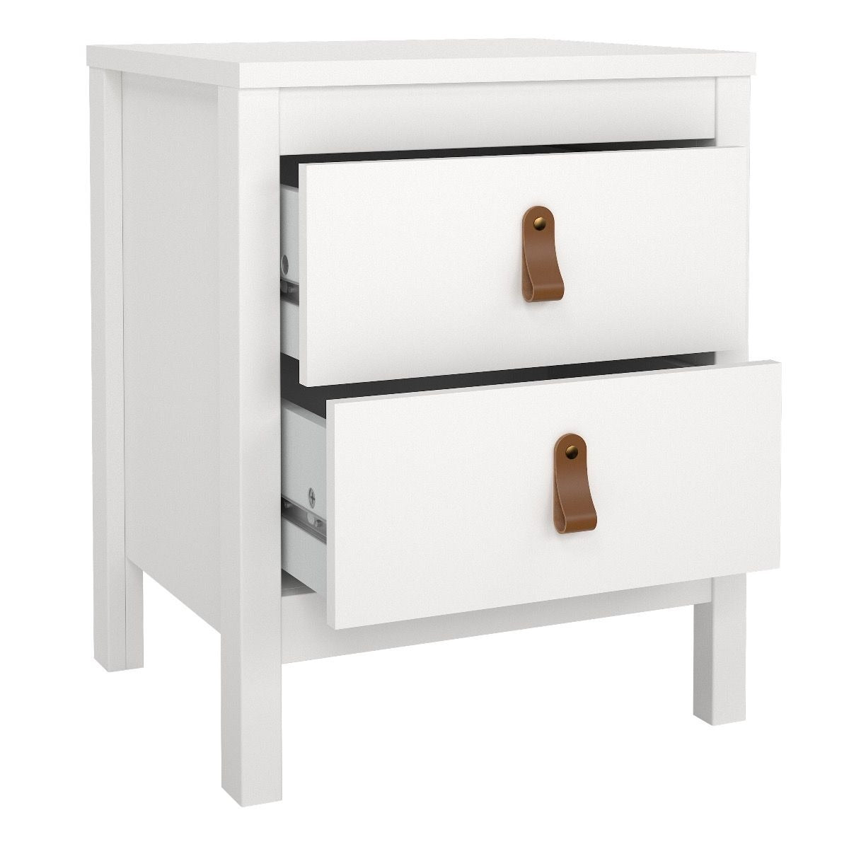 Modern white bedroom set with 2-door wardrobe, chest of drawers, and bedside cabinet.