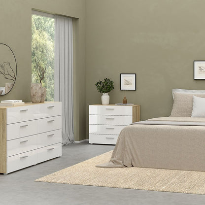 Modern white gloss and oak bedroom furniture set including wardrobe and drawers.