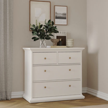 Paris 3-piece white bedroom set with wardrobe, chest, and bedside table.