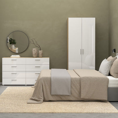 Modern white gloss and oak bedroom furniture set including wardrobe and drawers.