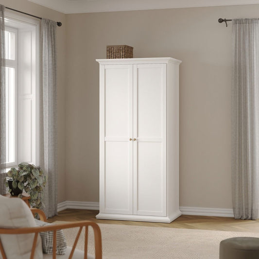 Paris 3-piece white bedroom set with wardrobe, chest, and bedside table.