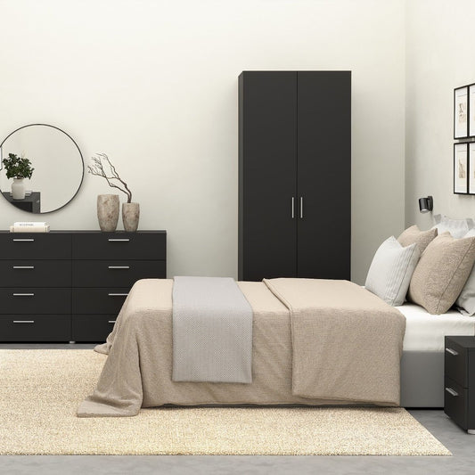 Modern oak and matt black bedroom furniture set including wardrobe and drawers.