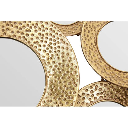 Round hammered gold wall mirror with metallic textured frame, ideal for modern luxe and elegant home interiors