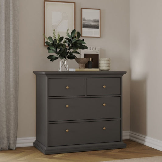 Paris 3-piece bedroom set in matt grey with wardrobe, chest, and bedside table.