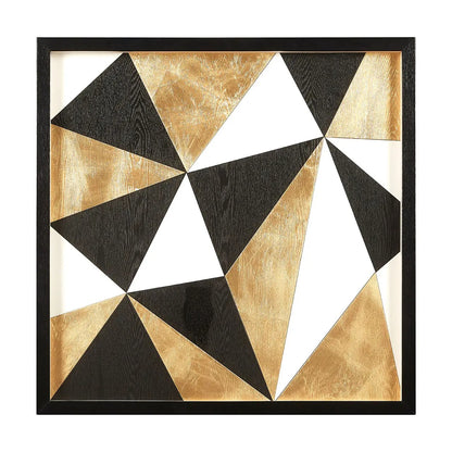 Geometric triangle pattern wall art with black, gold, and white colors on a white background.