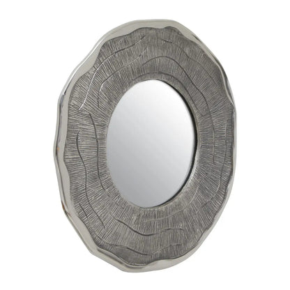 Decorative mirror with textured silver frame on a white background