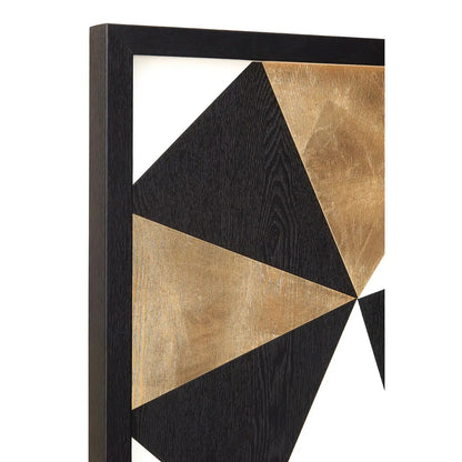 Geometric wall art with black and gold triangles on a white background