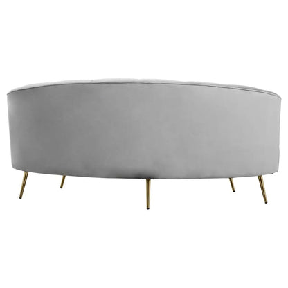 Grey velvet curved 3 seater sofa with gold legs and pleated backrest in mid-century style