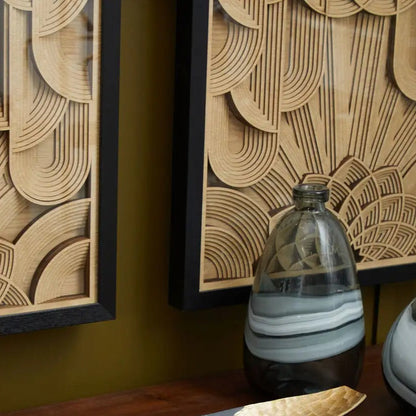Rectangular carved wood wall art with whitewashed geometric design, ideal for warm minimalist and Japandi interiors