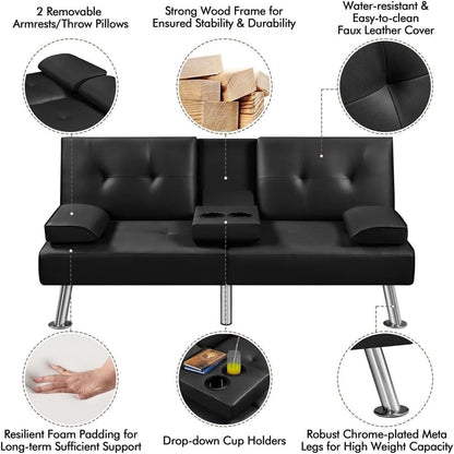 ZEKE Black PU Leather Sofa bed-Chromed Legs 2 Seater Versatile Sofa – Modern Sofas | Maison Alera
